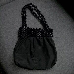 Unique Vintage BOTTEGA VENETA Black Beaded Double Handle Nylon Purse Bag Handbag
